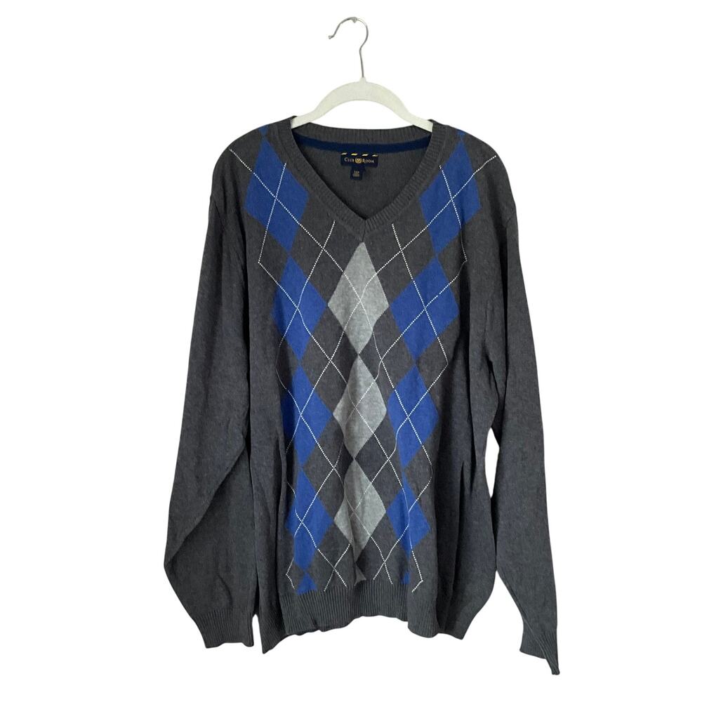 Club Room Grey and Blue Argyle Sweater: 90s, Y2K